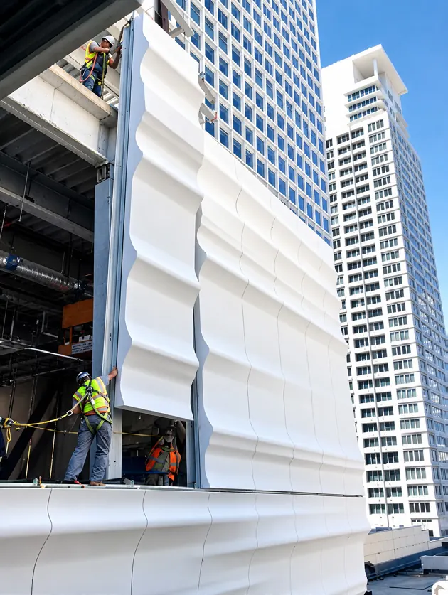 GRC façade fins being installed