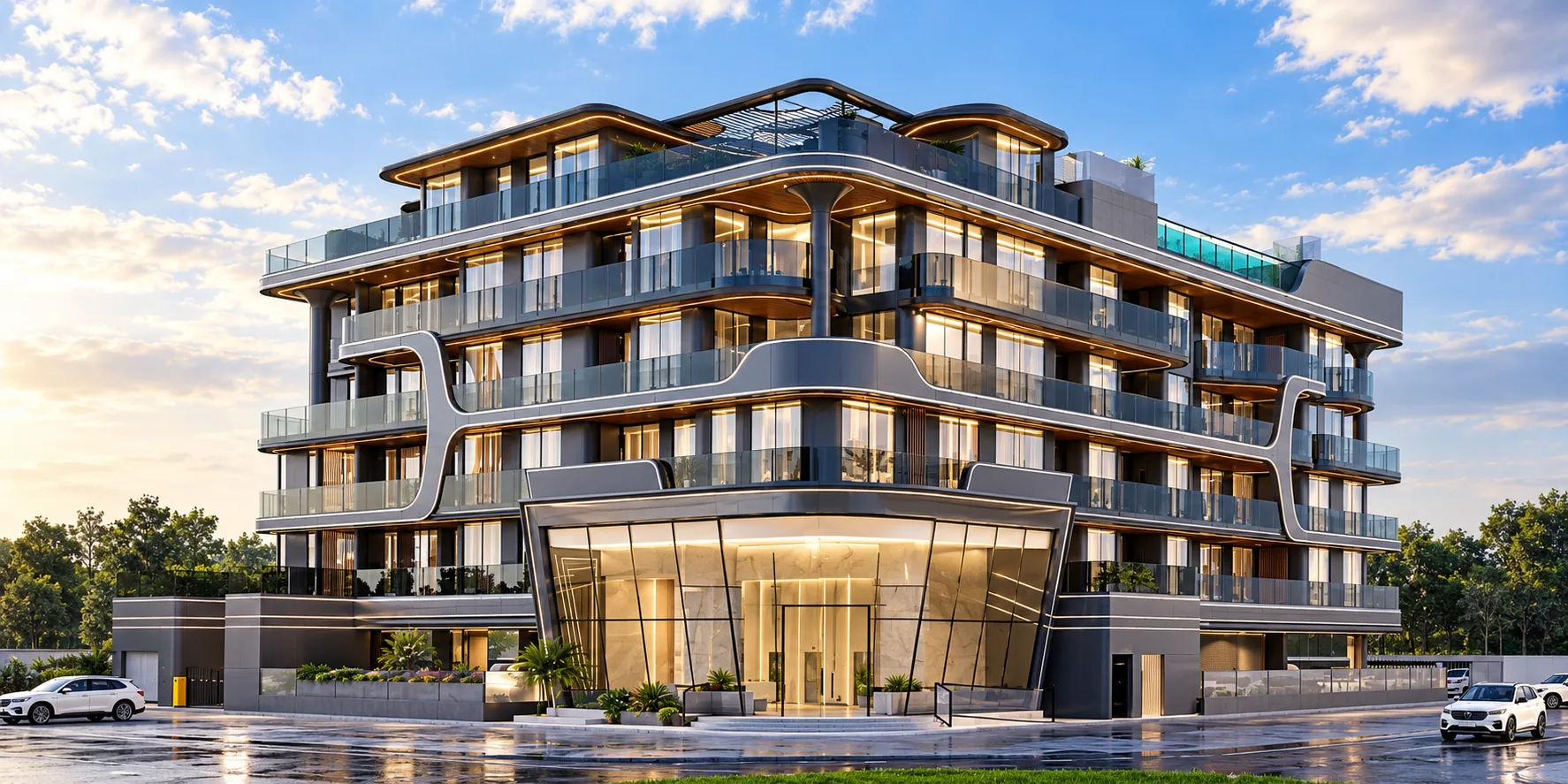 Residential building with sculpted façade bands